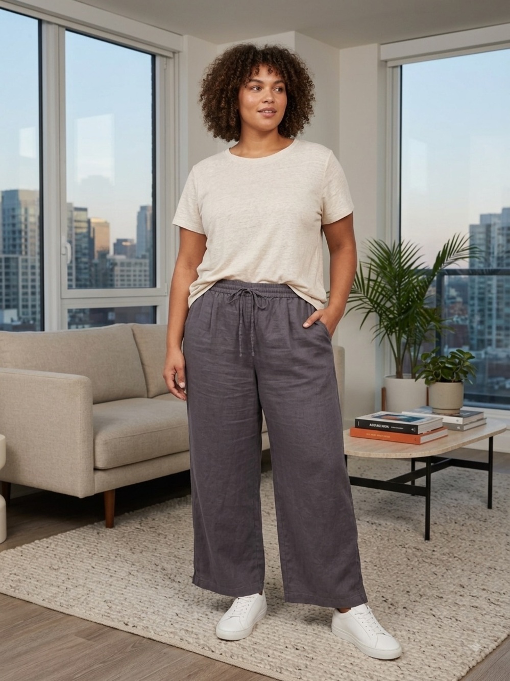 Ecupper 100% Linen Pull on Wide Leg Mauve Pants Lagenlook Resort , 2XL